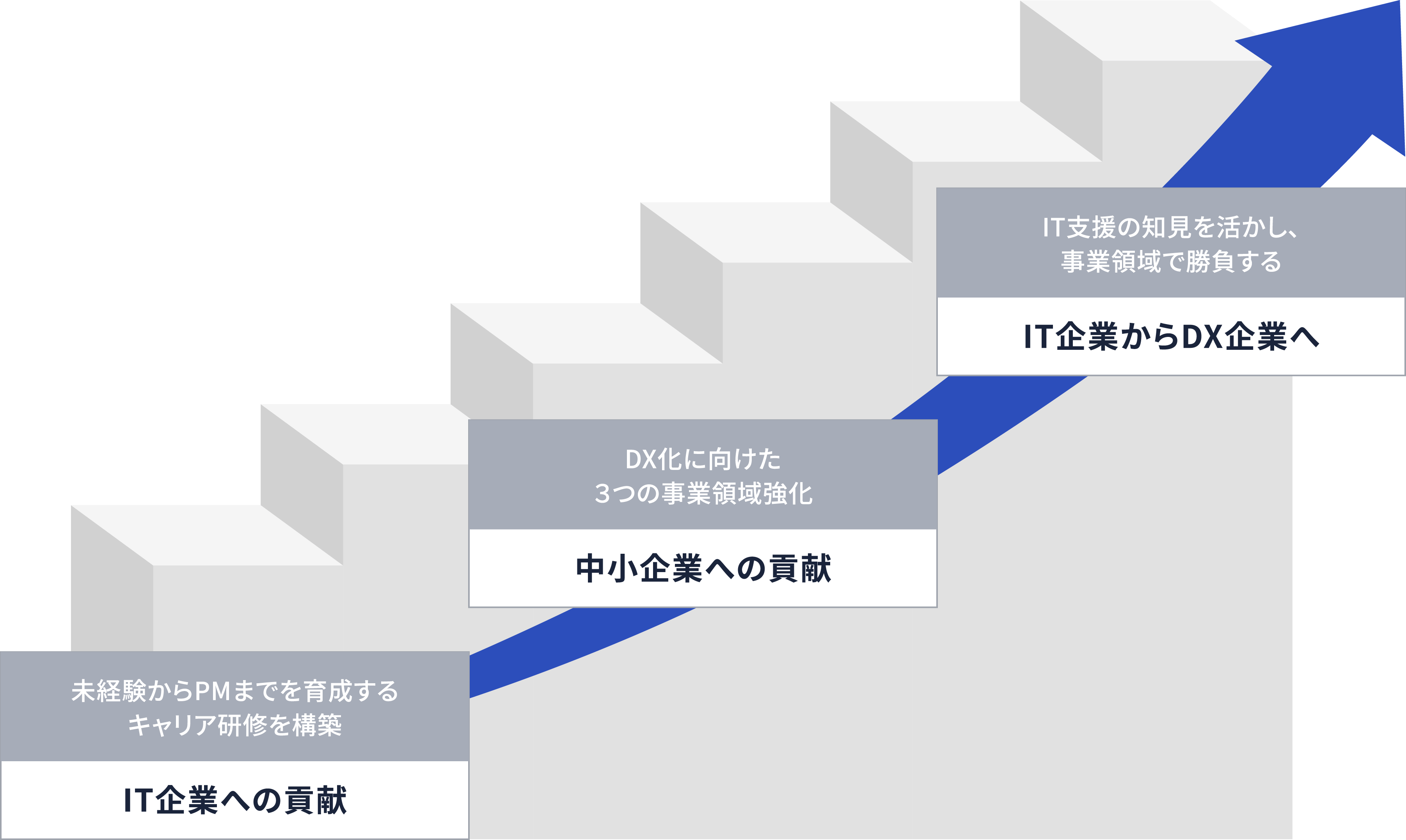 IT企業への貢献 未経験からPMまでを育成するキャリア研修を構築 中小企業への貢献 DX化に向けた３つの事業領域強化 IT企業からDX企業へ IT支援の知見を活かし、事業領域で勝負する