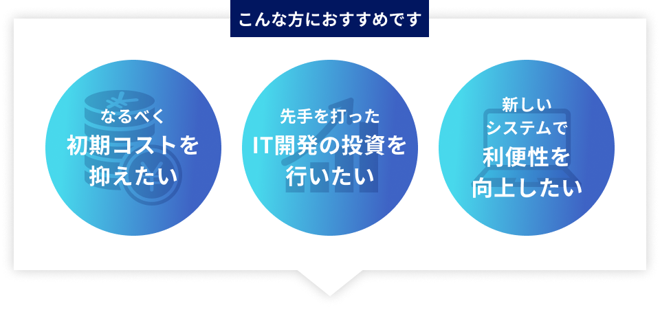 こんな方におすすめです なるべく初期コストを抑えたい 先手を打ったIT開発の投資を行いたい 新しいシステムで利便性を向上したい